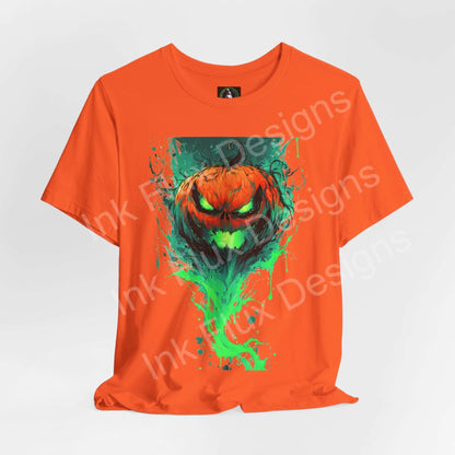 Ink Flux Jack o Lantern 2025 04 unisex graphic t-shirt in bright orange featuring a vibrant pumpkin design.