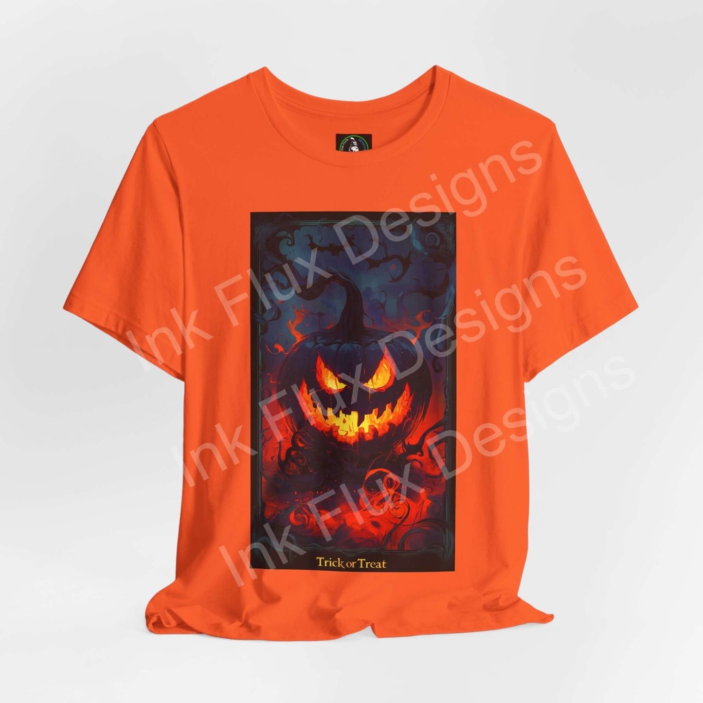 jack-o-lantern-t-shirt featuring a vintage pumpkin graphic in bold orange hues for Halloween fun.