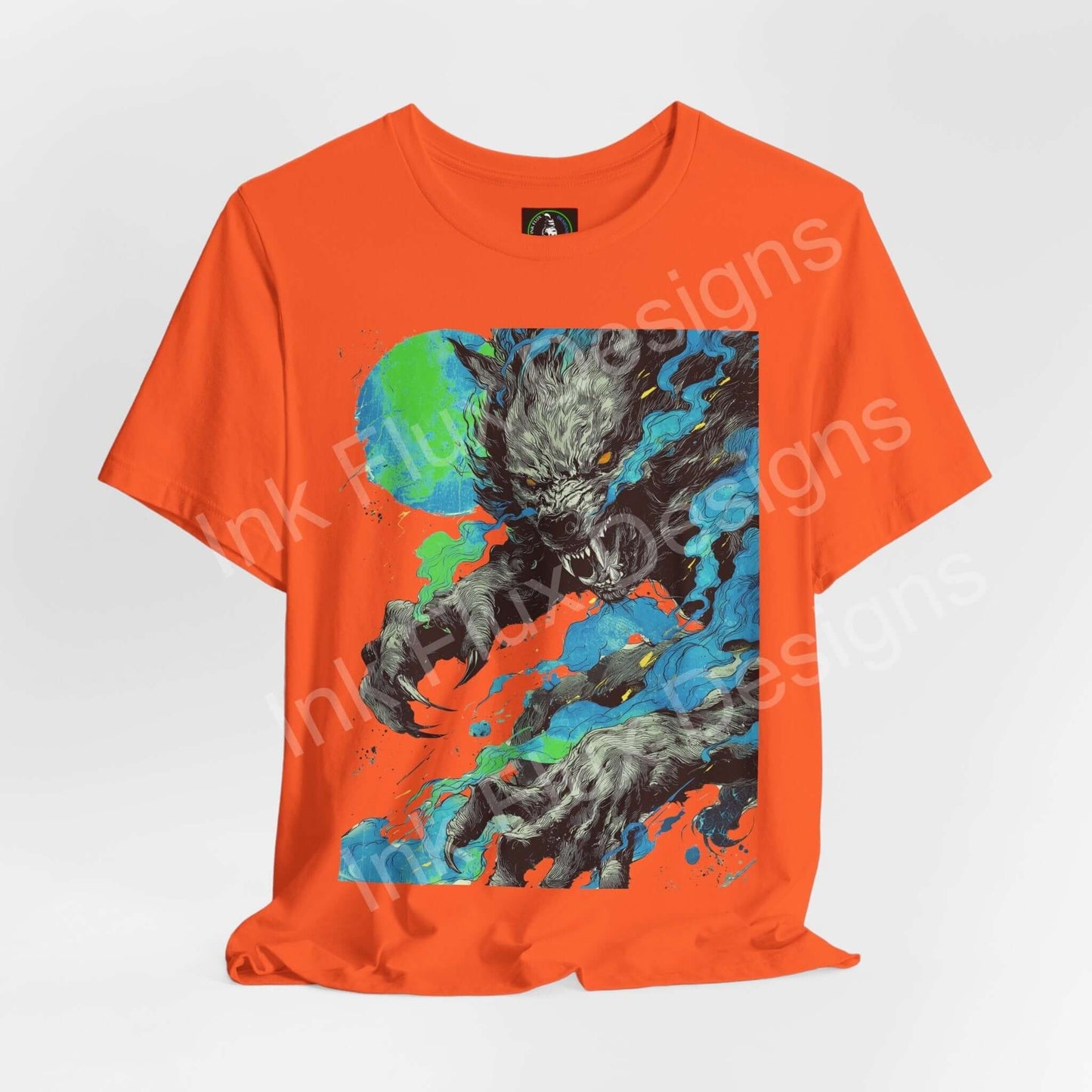 Ink Flux Werewolf 01 unisex graphic t-shirt in orange with vibrant werewolf design, perfect for everyday wear.