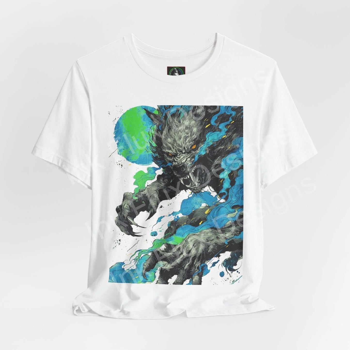 Ink Flux Werewolf 01 graphic T-shirt featuring a dynamic werewolf design in vibrant colors.