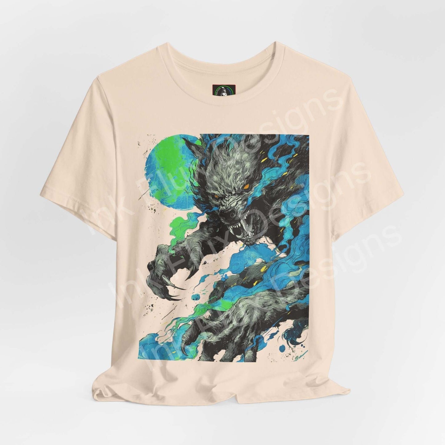 Ink Flux Werewolf 01 unisex graphic T-shirt with vibrant werewolf design and crew neckline.