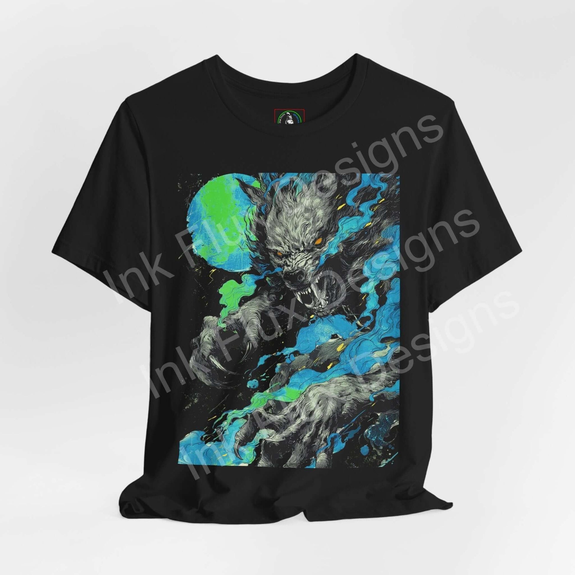 Ink Flux Werewolf 01 graphic T-shirt featuring vibrant design on a black tee, perfect for everyday wear.
