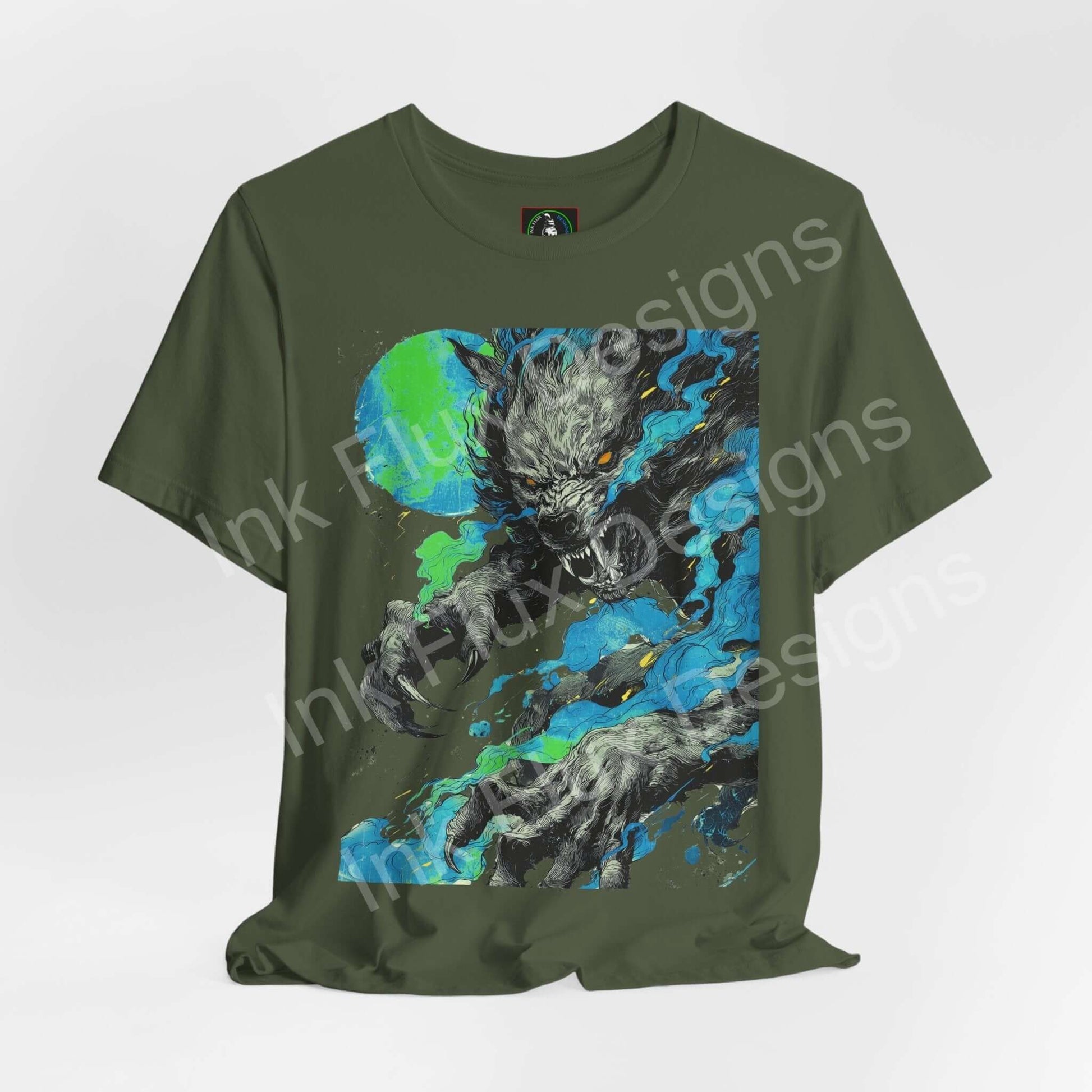 Ink Flux Werewolf 01 unisex graphic T-shirt featuring a vibrant werewolf design on an olive green background.
