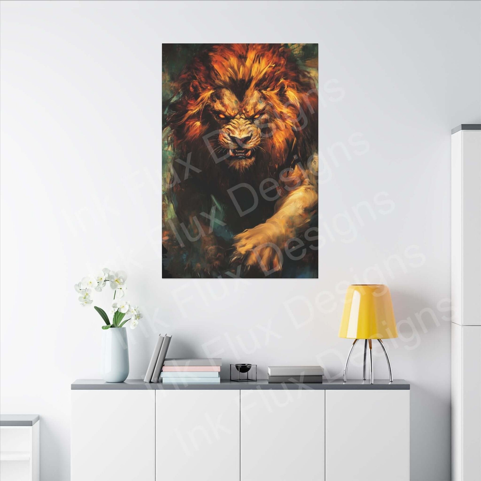 Lion Fury III Matte Canvas artwork by Ink Flux Designs displayed in a modern interior decor setting.