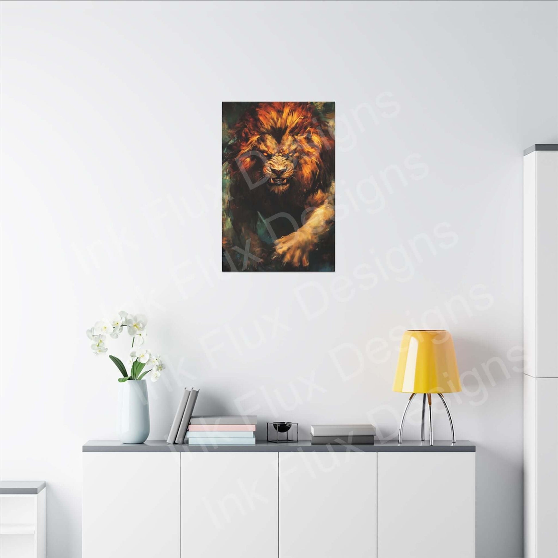 Lion Fury III Matte Canvas artwork displayed on a modern wall, featuring vibrant lion design by Ink Flux Designs.