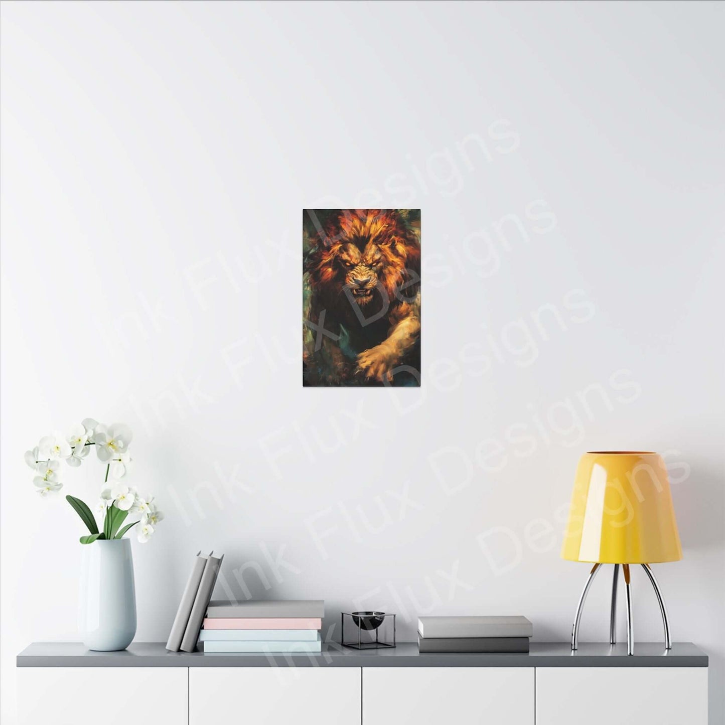 Lion Fury III Matte Canvas by Ink Flux Designs, elegantly displayed on a modern wall with decor and lighting.