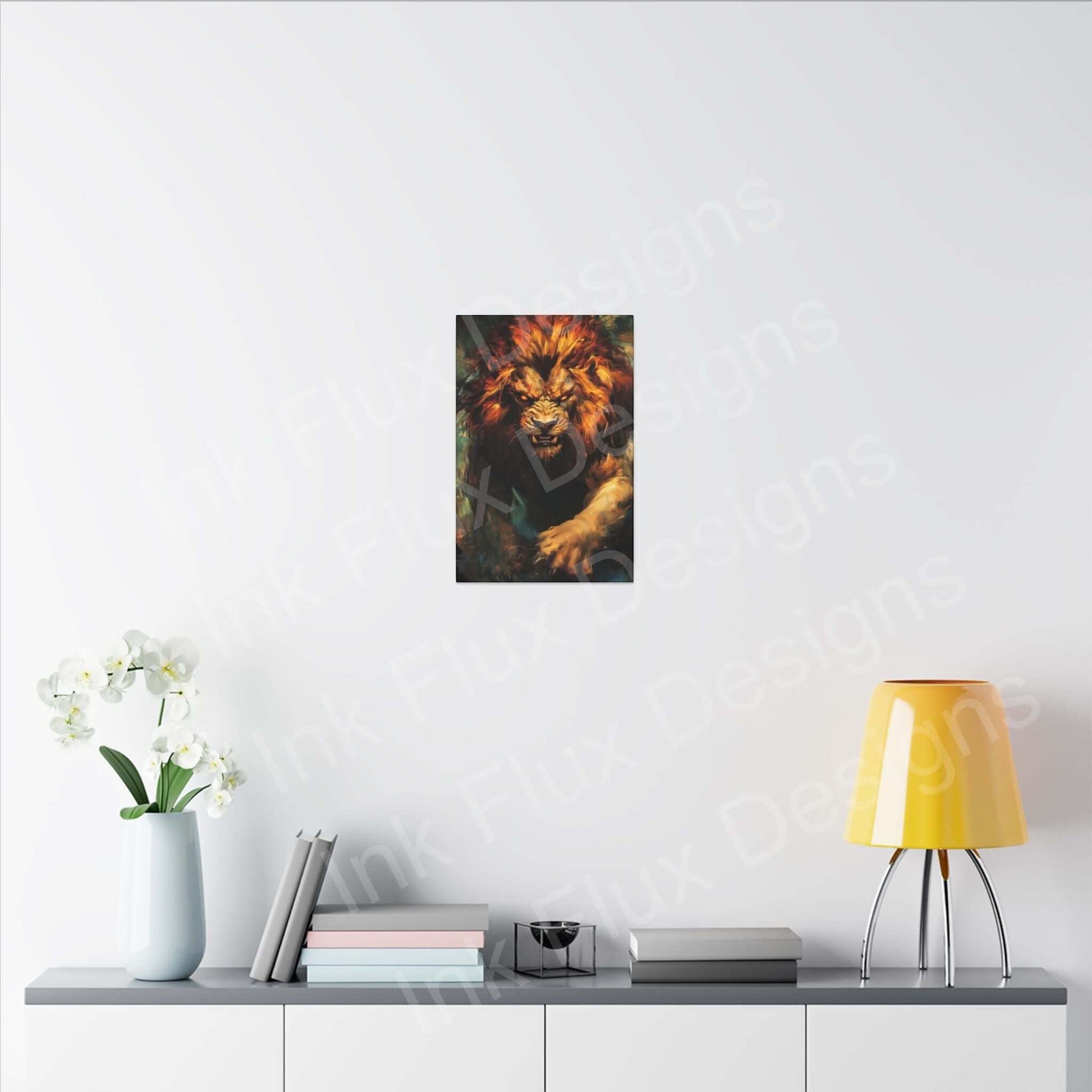 Lion Fury III Matte Canvas by Ink Flux Designs, elegantly displayed on a modern wall with decor and lighting.