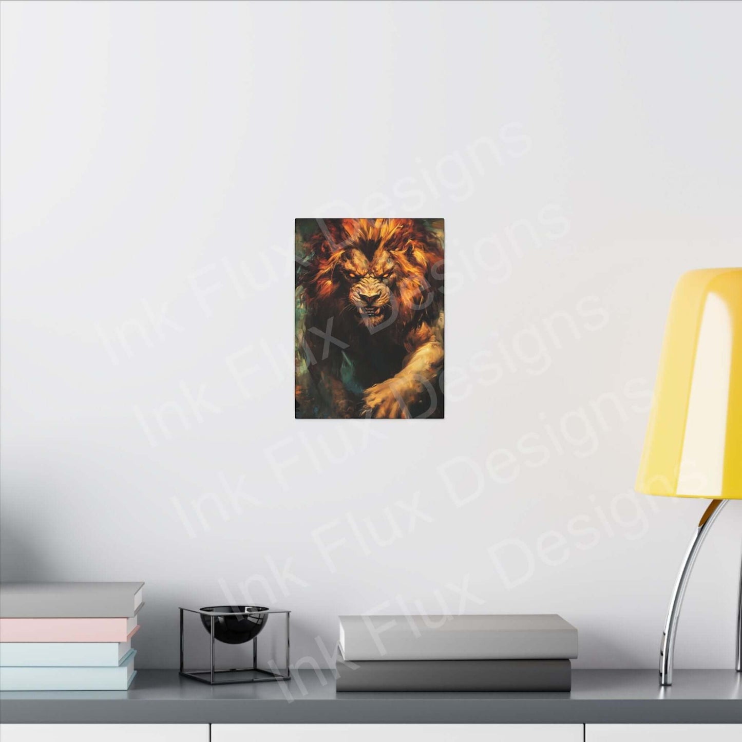 Lion Fury III Matte Canvas Art by Ink Flux Designs on a wall with modern decor.