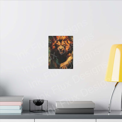 Lion Fury III Matte Canvas Art by Ink Flux Designs on a wall with modern decor.