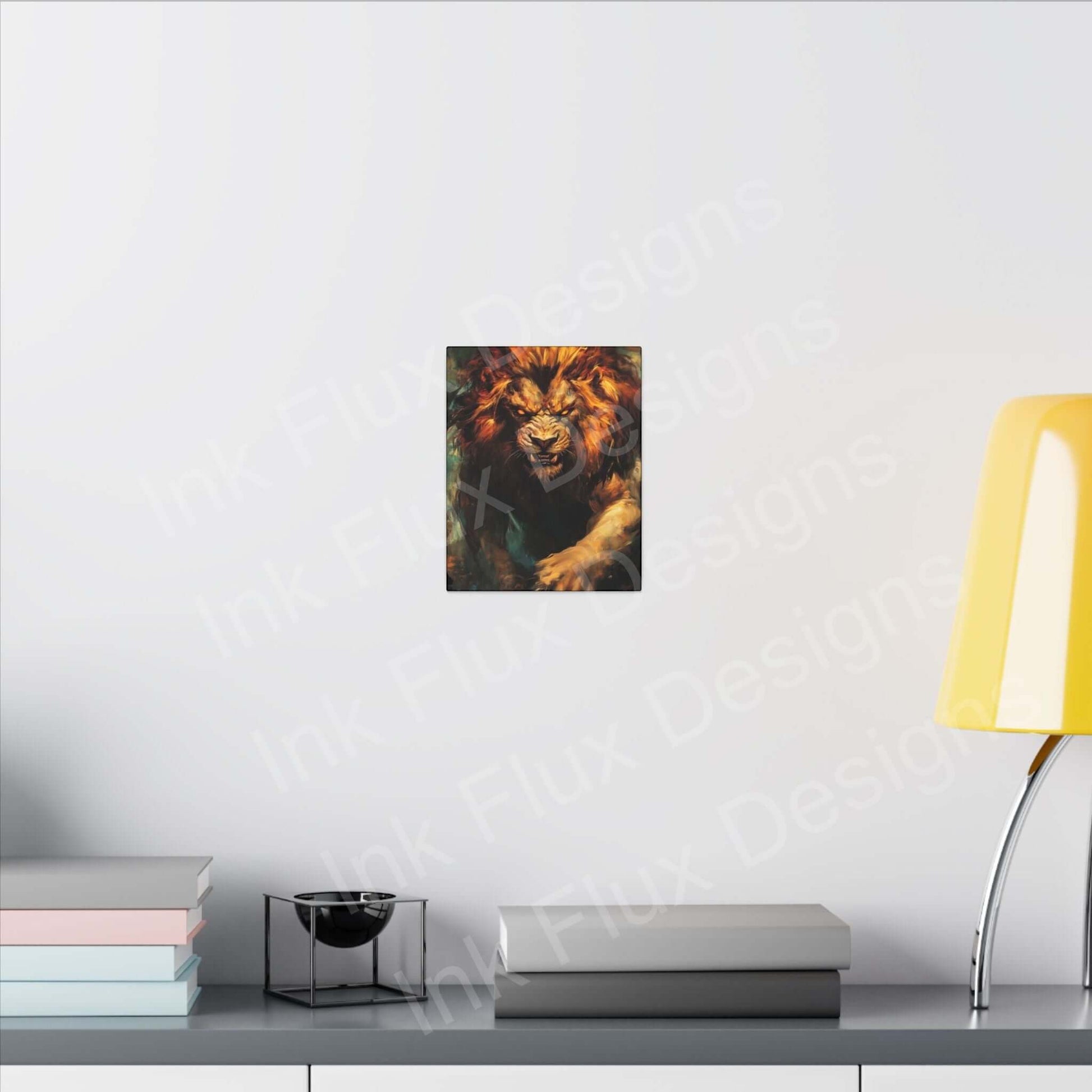 Lion Fury III Matte Canvas by Ink Flux Designs, featuring a fierce lion, perfect for stylish decor and artistic projects.