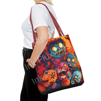 Zombie Halloween Tote Bag being held by a person, featuring playful zombie artwork in vibrant Halloween colors.