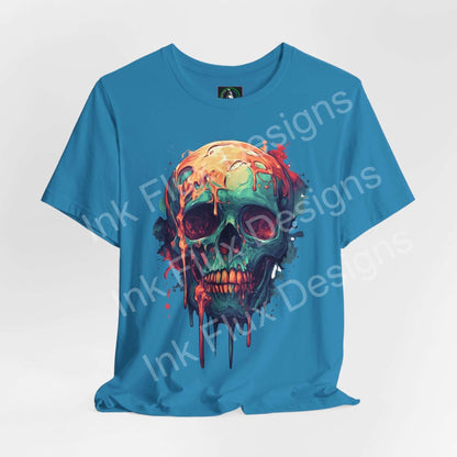 Melted Skull IV unisex T-shirt by Ink Flux Designs, featuring a vibrant skull graphic on a blue background.
