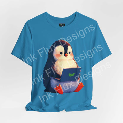 Minty Penguin Fun Graphic T-Shirt featuring a cute penguin with a laptop on a blue background.