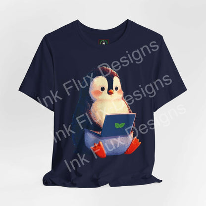 Minty Penguin Fun Graphic T-Shirt with cute penguin sitting with a laptop on a navy background.