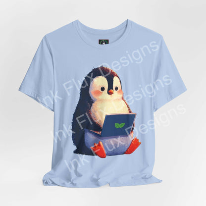 Minty Penguin Fun Graphic T-Shirt featuring a cute penguin with a laptop design on a light blue background.