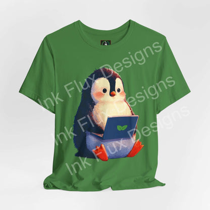 Minty Penguin Fun Graphic T-Shirt featuring an adorable penguin with a laptop on a green tee.