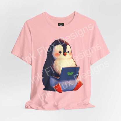 Minty Penguin Fun Graphic T-Shirt featuring a cute penguin with a laptop on a pink tee.