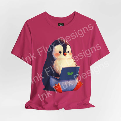 Minty Penguin Fun Graphic T-Shirt featuring an adorable penguin with a laptop design, perfect for tech lovers.