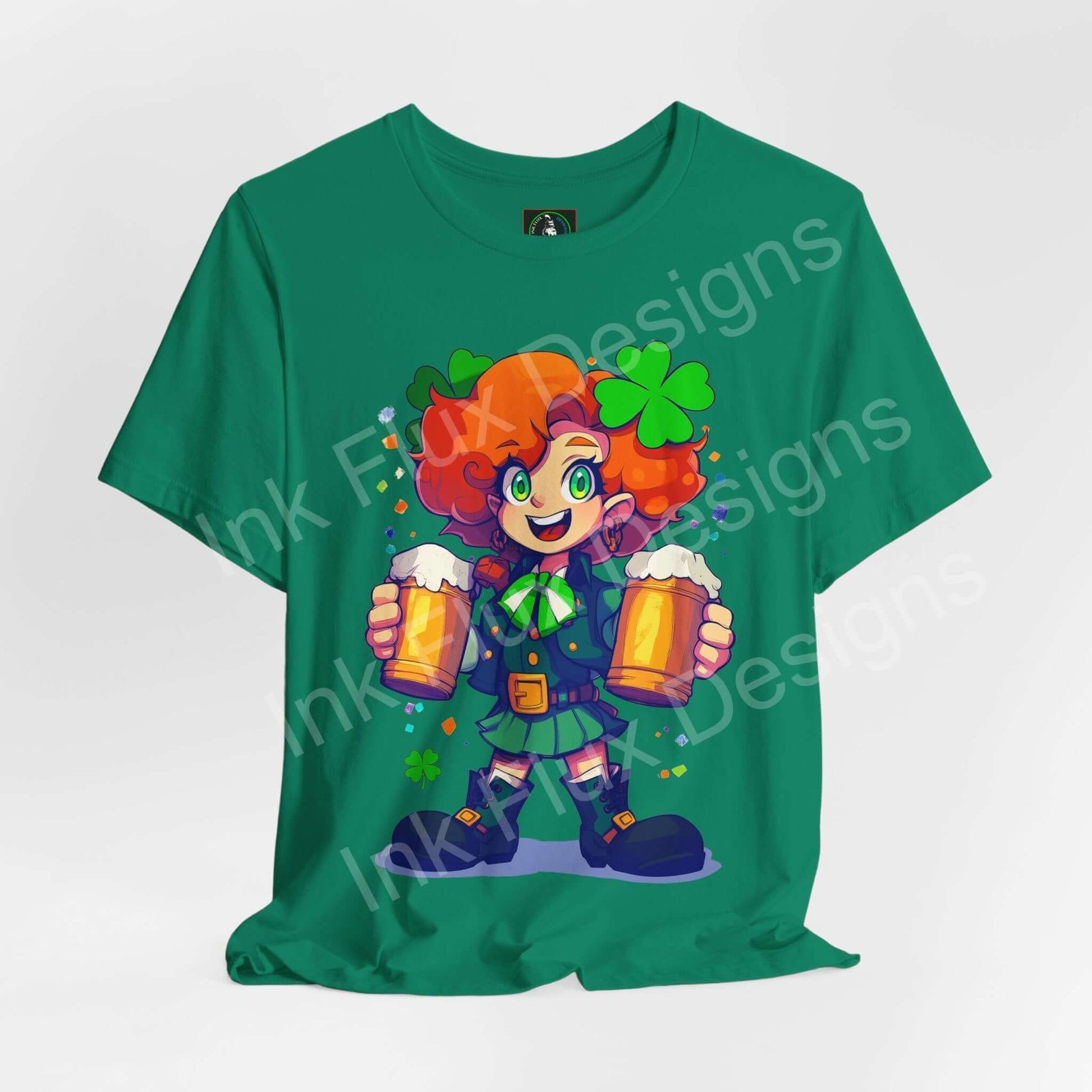 Mischievous leprechaun lady T-shirt in green, featuring playful character with beers and shamrock design.