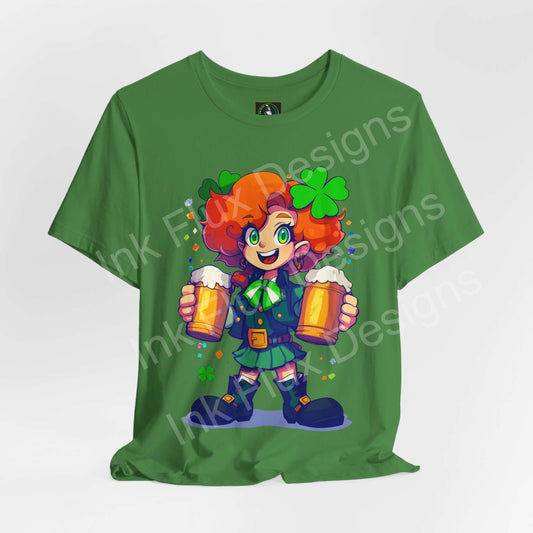 Mischievous leprechaun lady T-shirt featuring a playful character holding two pints, crafted from breathable cotton.