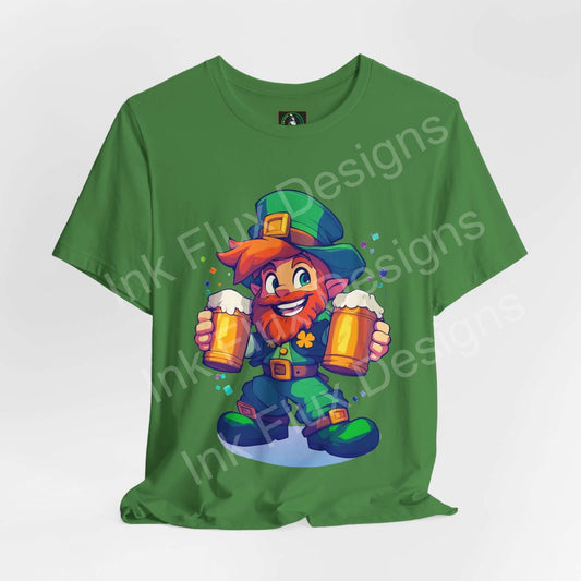 Mischievous leprechaun graphic on a green unisex jersey T-shirt, perfect for casual occasions and festive celebrations.