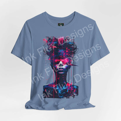 Cyberpunk T-Shirt featuring a futuristic neon portrait design on a blue background.