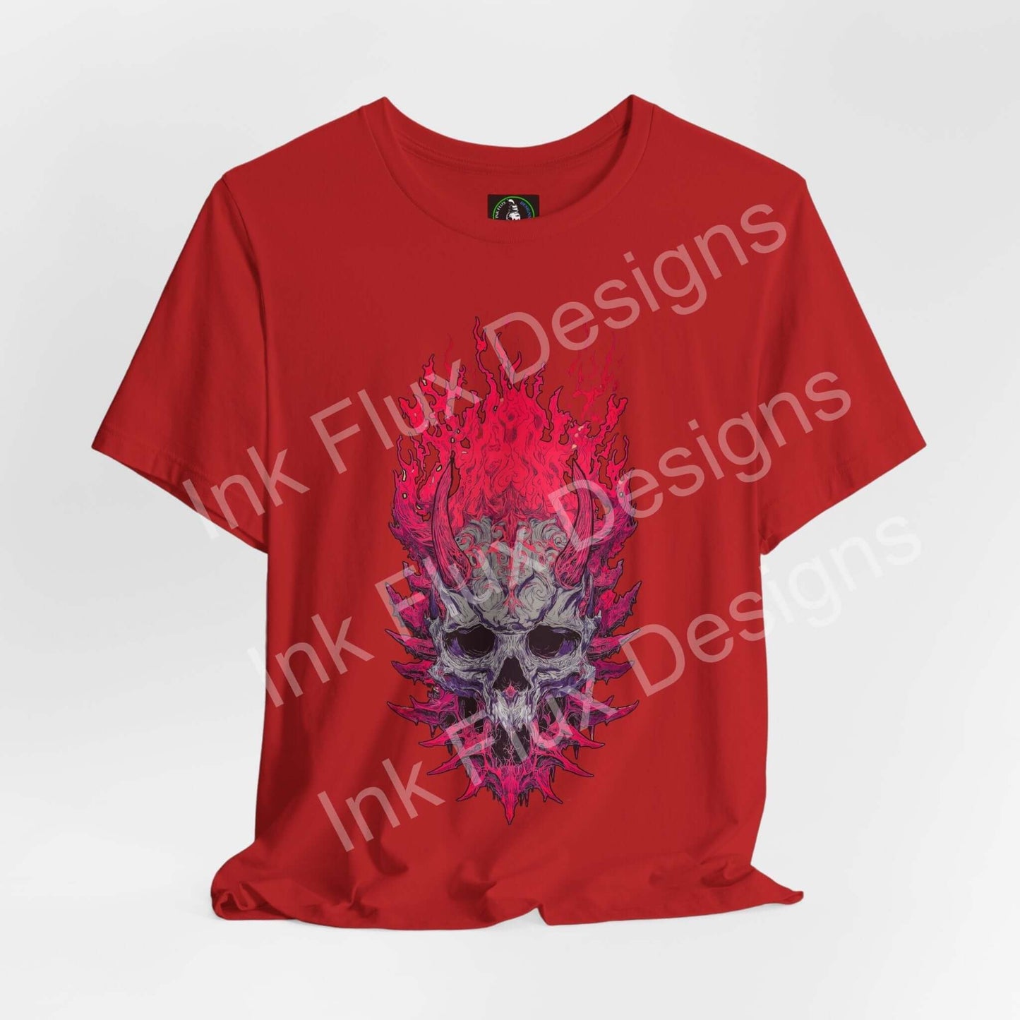 Neural Inferno Skulls & Bones T-Shirt featuring a vibrant flaming skull graphic design. Perfect Skull Graphic T-Shirt for bold styles.