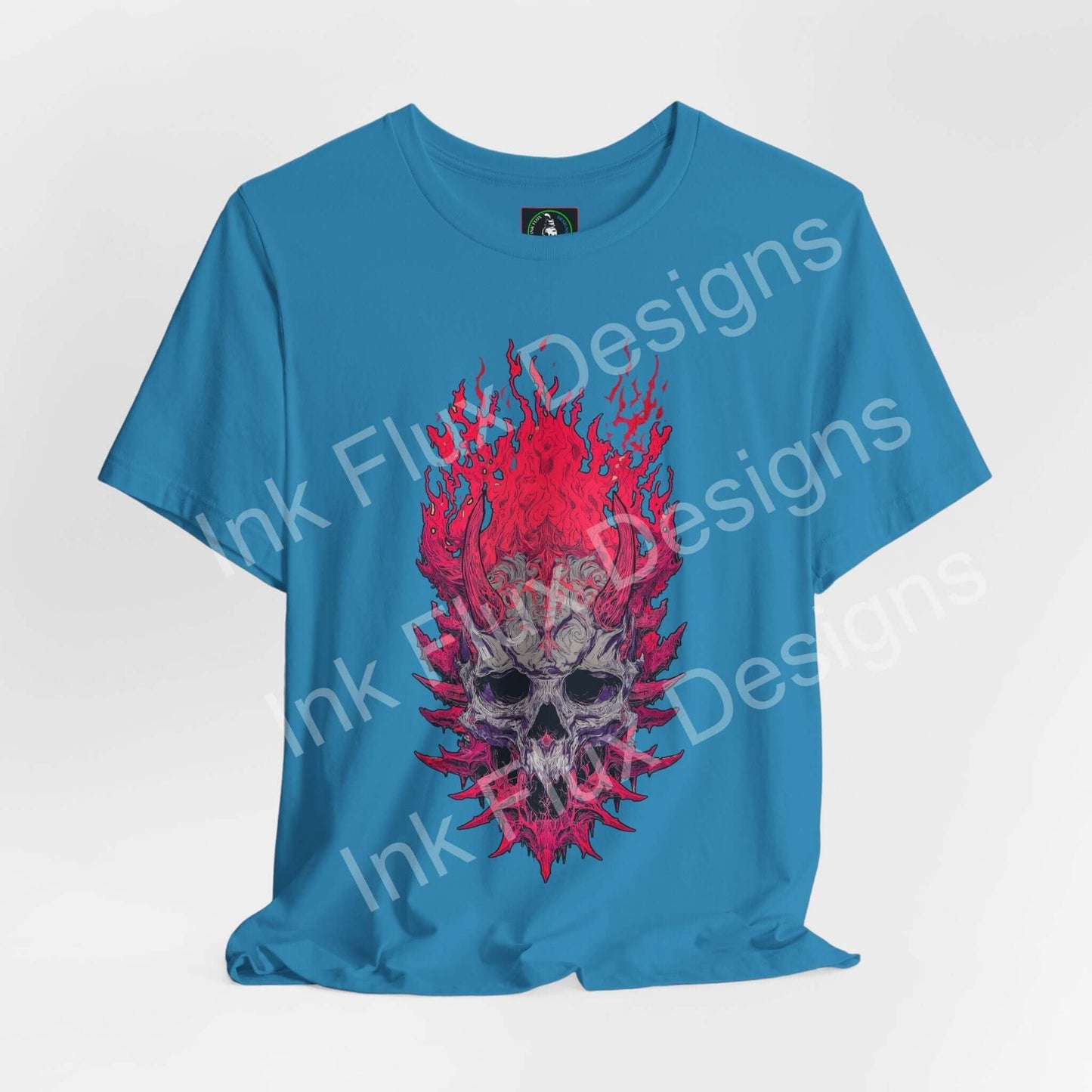 Neural Inferno Skulls & Bones T-Shirt featuring a flaming skull graphic design, vibrant colors and unique textures.
