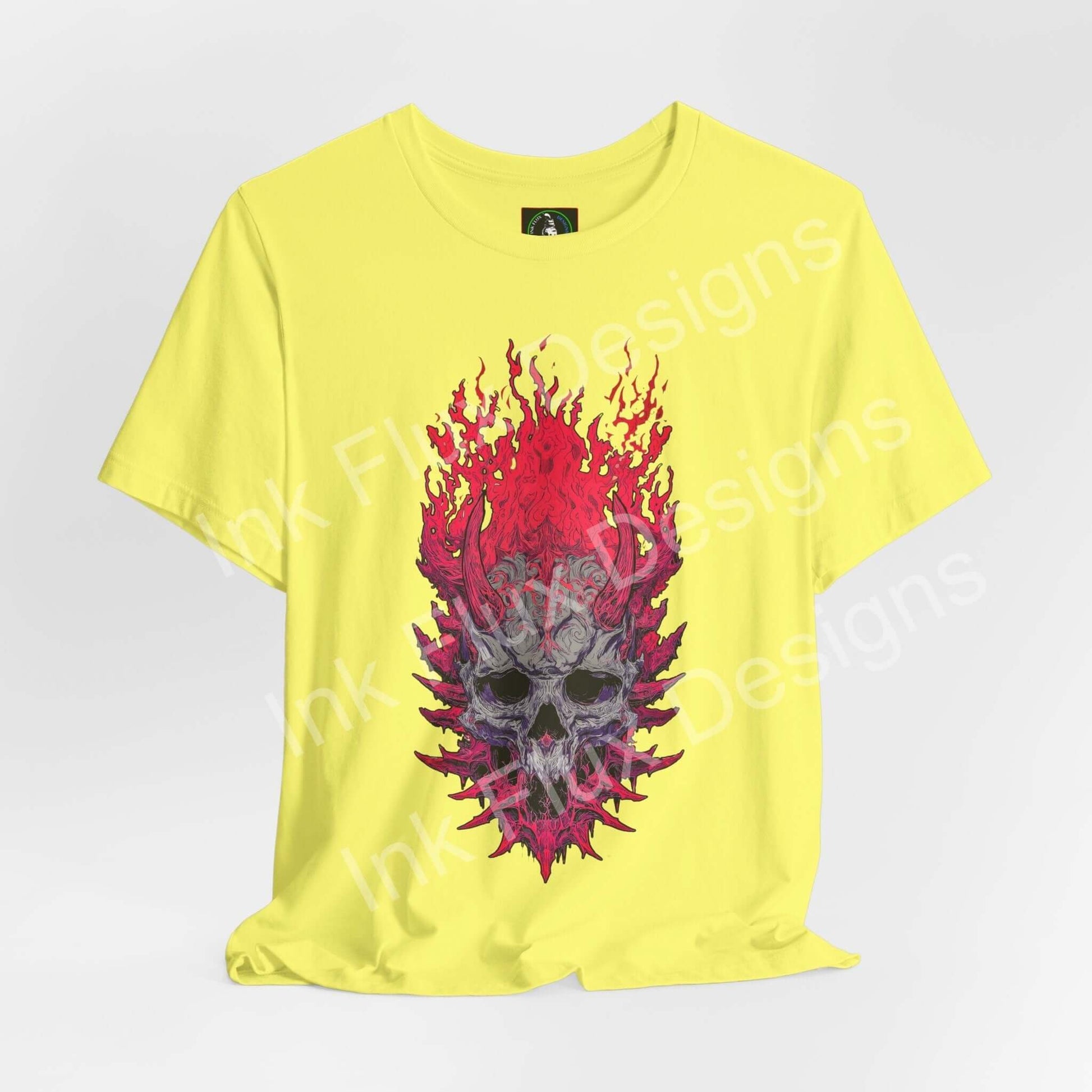 Neural Inferno Skulls & Bones T-Shirt featuring a vibrant skull graphic on a yellow background, a unique Skull Graphic T-Shirt.