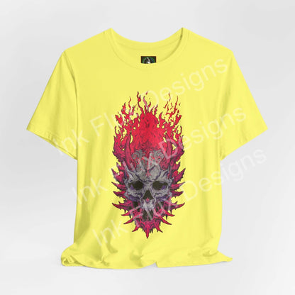 Neural Inferno Skulls & Bones T-Shirt featuring a vibrant skull graphic on a yellow background, a unique Skull Graphic T-Shirt.