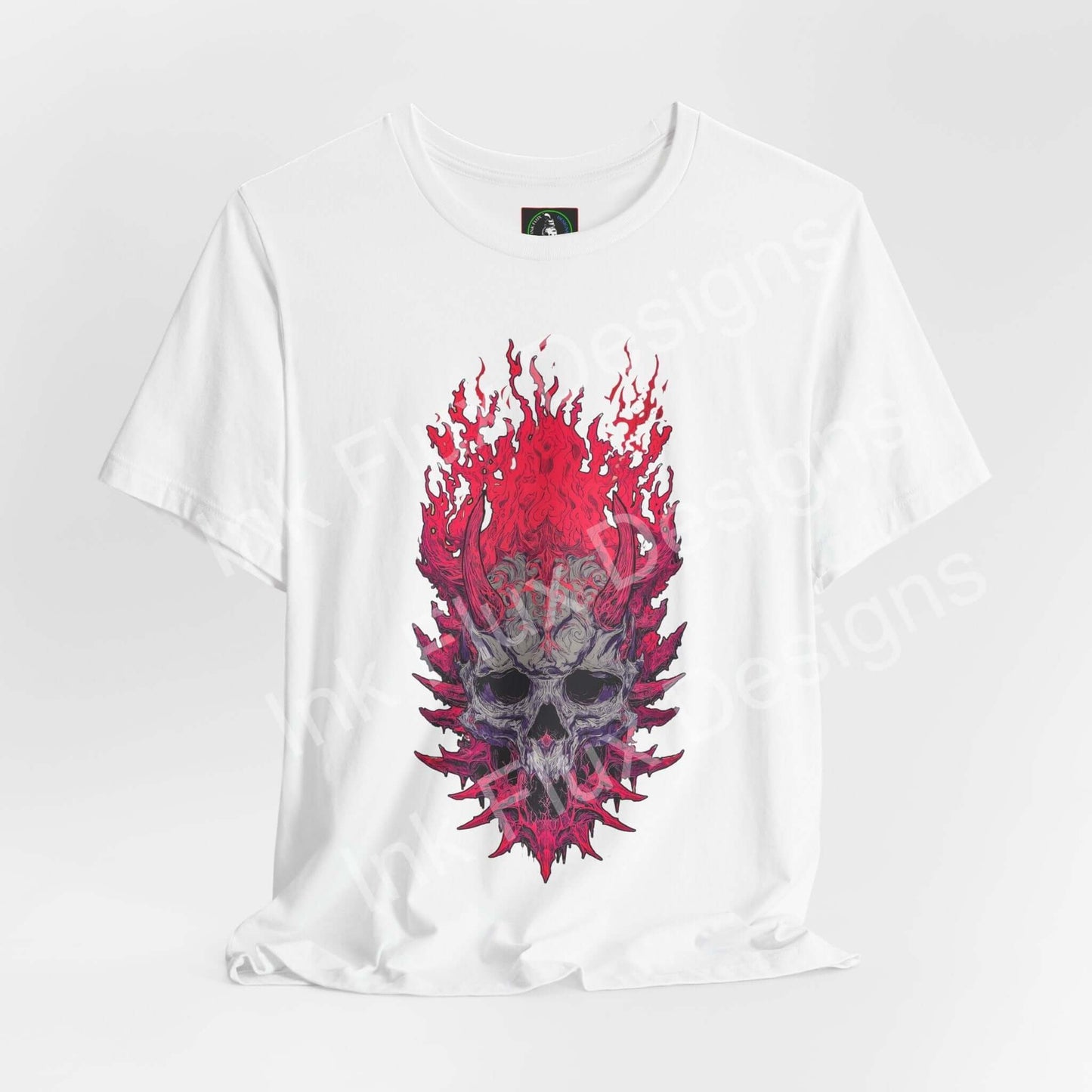 Neural Inferno Skulls & Bones T-Shirt featuring a vibrant flaming skull graphic design. Skull Graphic T-Shirt.