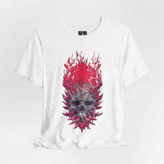 Neural Inferno Skulls & Bones T-Shirt featuring a vibrant flaming skull graphic design. Skull Graphic T-Shirt.