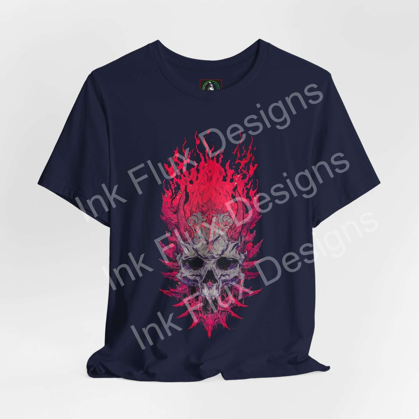 Neural Inferno Skulls & Bones T-Shirt with flaming skull graphic, showcasing vibrant pink and red flames, Skull Graphic T-Shirt.