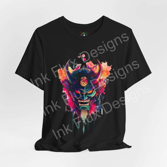 Oni mask graphic on a black T-shirt by Ink Flux Designs, unisex jersey tee with vibrant colors and quality print.
