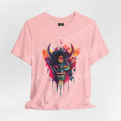 Oni Mask artistic design on a pink unisex T-shirt by Ink Flux Designs, showcasing vibrant colors and a modern fit.