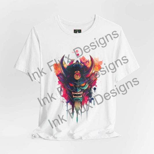 Oni Mask graphic on a white T-shirt by Ink Flux Designs, showcasing vibrant colors and artistic design.