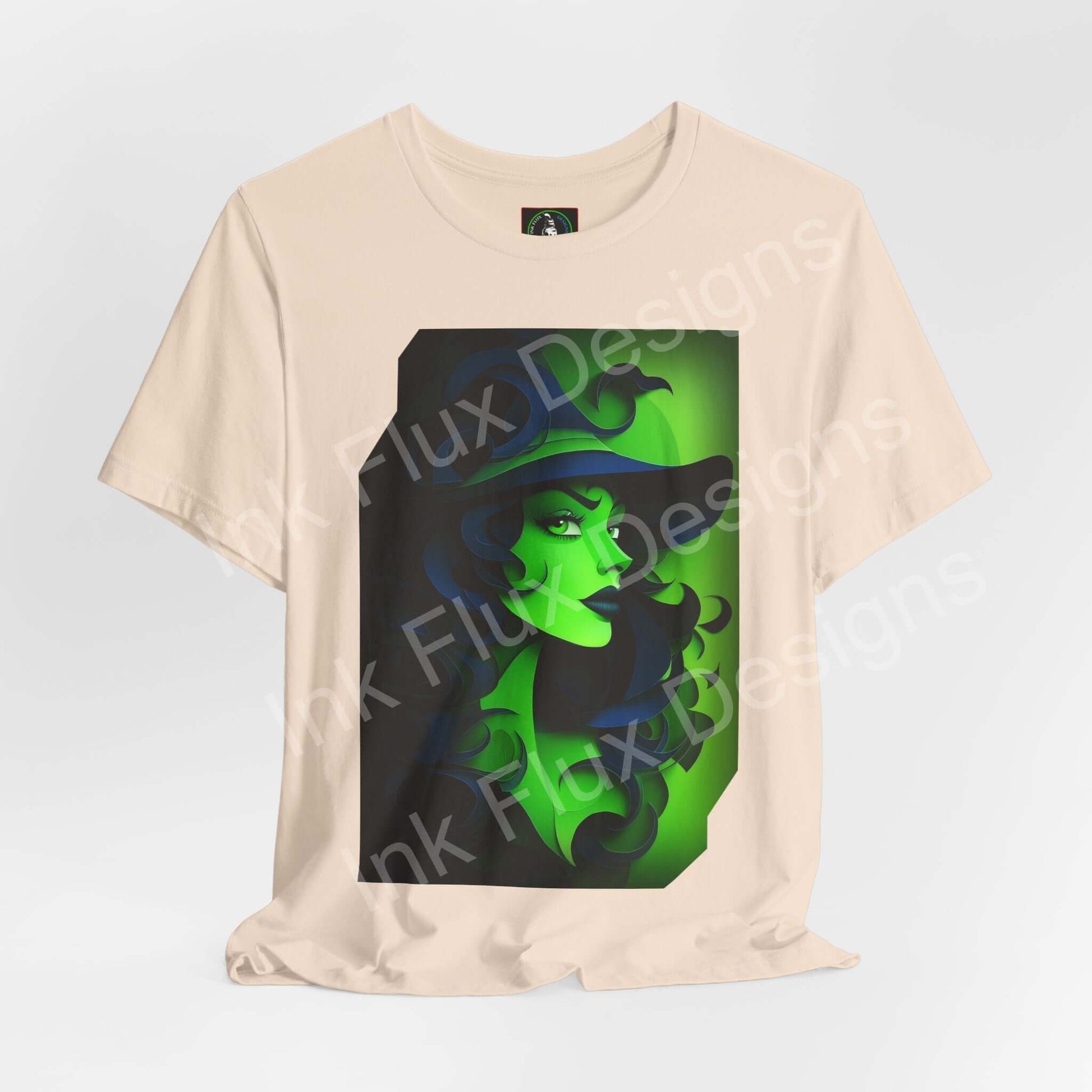Green Witch T-Shirt featuring a vibrant paper cut-out design, perfect for adding magic to any casual outfit.