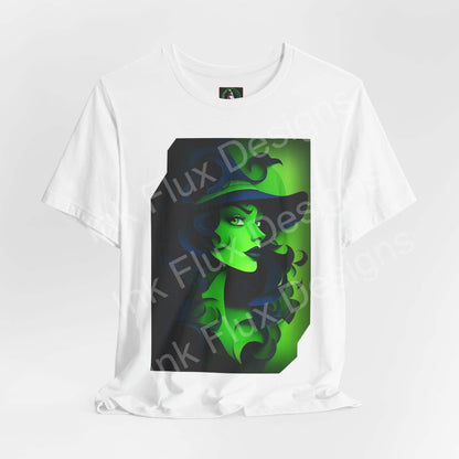 Green Witch T-Shirt featuring a vibrant paper cut-out design with a witch in green tones on a white tee.