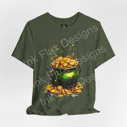 Unisex jersey T-shirt featuring a pot of gold design, made from breathable Airlume cotton for comfort and style.