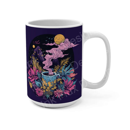 Psychedelic Coffee Mug Magic Brew II 15oz featuring vibrant botanical art and swirling colors.
