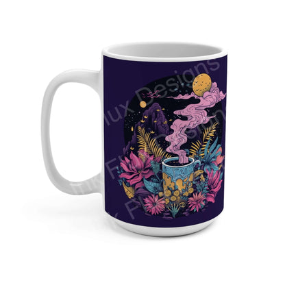Psychedelic Coffee Mug with surreal botanical art and colorful smoke design.
