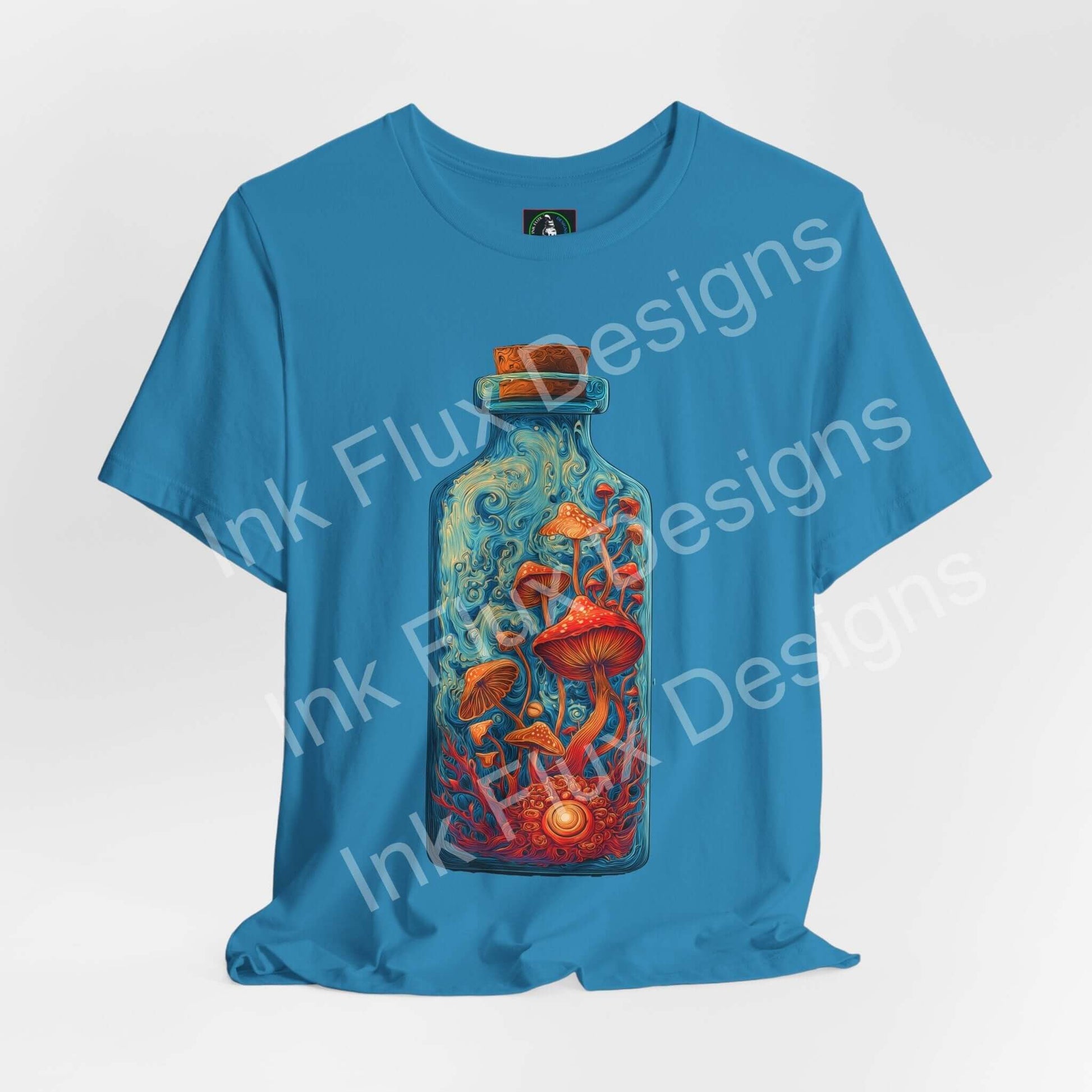 Psychedelic T-Shirt with a vibrant mushroom bottle graphic design on a blue background.