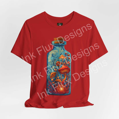 Psychedelic T-Shirt featuring a vibrant mushroom bottle graphic on a red background.