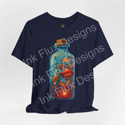 Psychedelic T-Shirt featuring a vibrant mushroom bottle graphic on a navy background