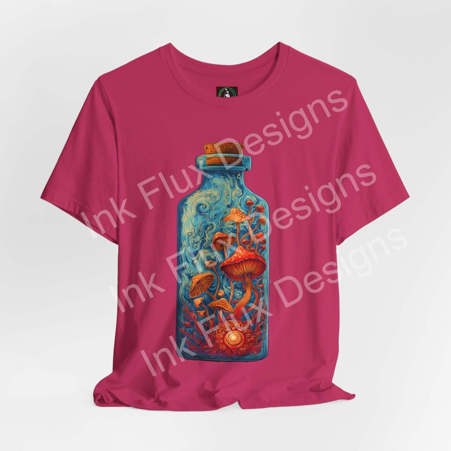 Psychedelic T-Shirt featuring a vibrant bottle graphic with glowing mushrooms and intricate patterns.