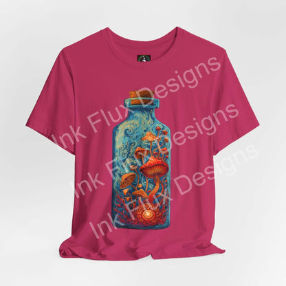 Psychedelic T-Shirt featuring a vibrant bottle graphic with glowing mushrooms and intricate patterns.