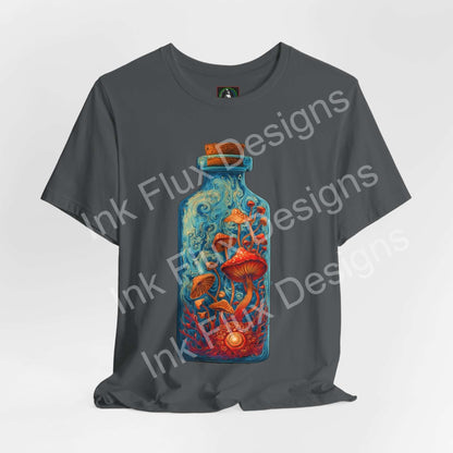 Psychedelic T-Shirt featuring vibrant mushroom bottle graphic design on a gray tee.