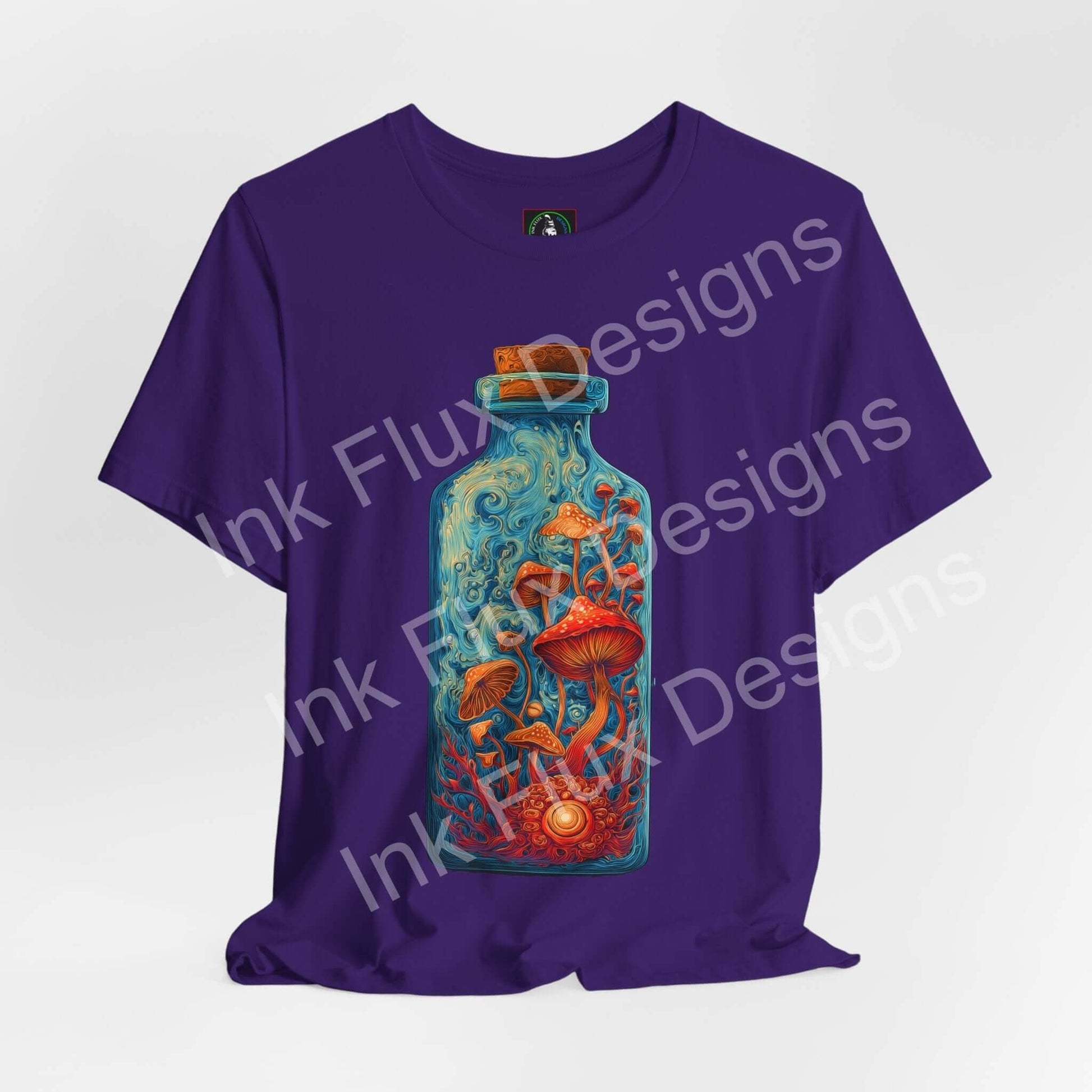 Psychedelic T-Shirt featuring vibrant mushroom bottle graphic on a purple tee.