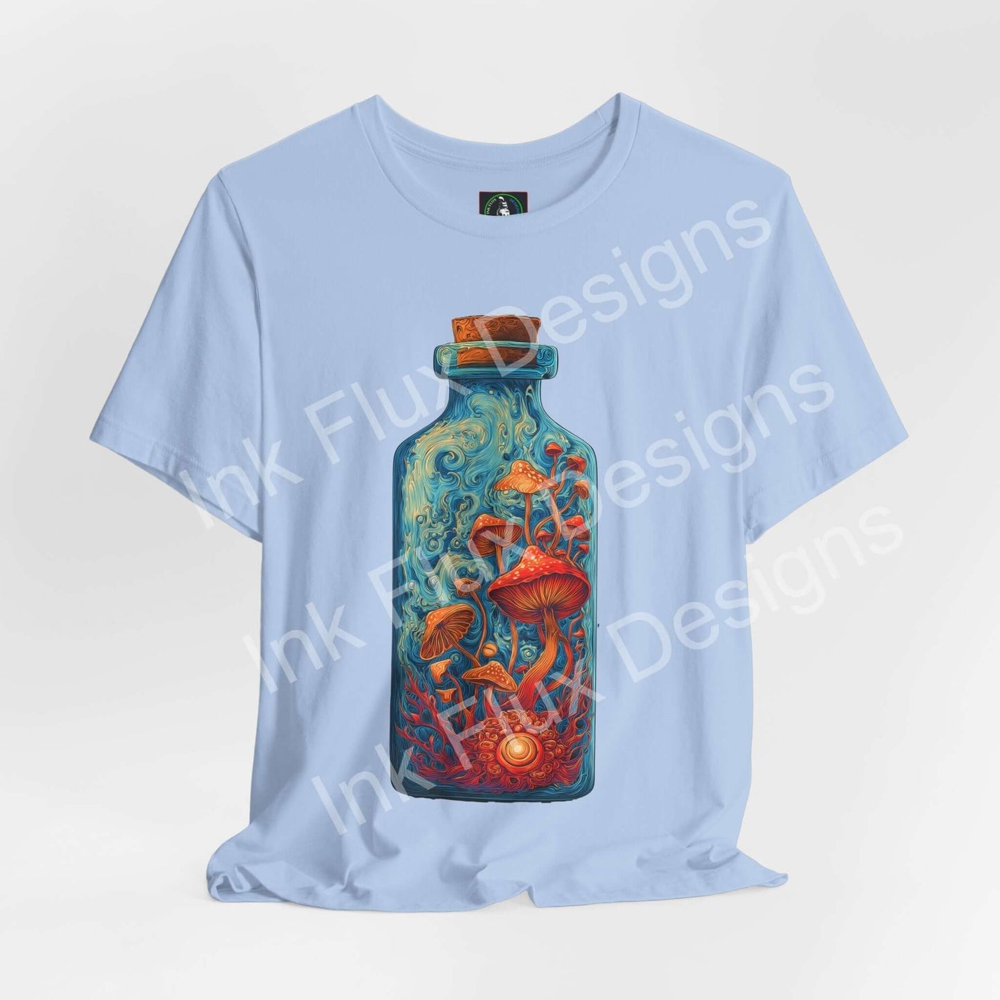 Psychedelic T-Shirt featuring a vibrant mushroom bottle graphic design and swirling colors on a light blue tee.
