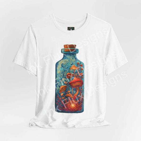 Psychedelic T-Shirt featuring a vibrant mushroom bottle graphic with glowing fungi and swirling patterns.